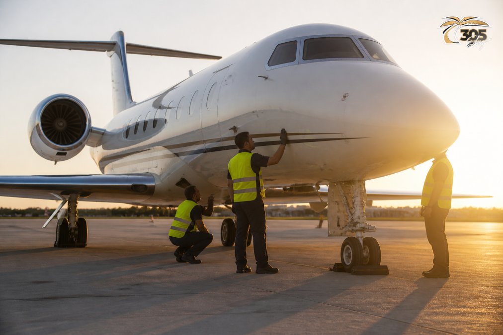 Private jet grounded on tarmac with maintenance crew in yellow vests inspecting aircraft exterior, professional setting with morning sunlight illuminating the fuselage