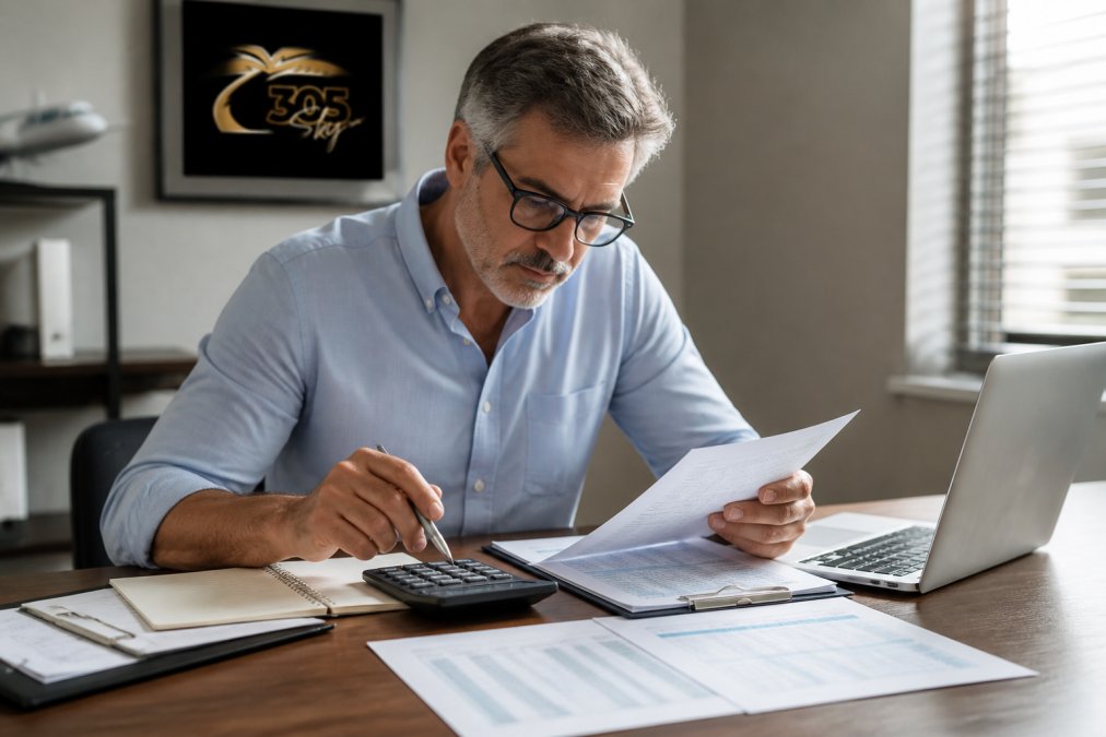 Aircraft owner in business casual attire reviewing insurance policy documents and spreadsheets at wooden desk with laptop and calculator, natural window lighting in professional office setting