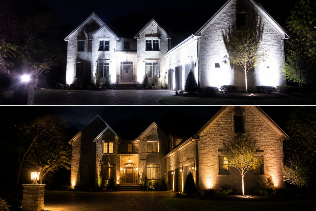 A residential exterior at night with overly bright, harsh lighting creating stark shadows and an unnatural appearance, compared side-by-side with the same space showing professional layered lighting with warm color temperature and strategic accent lighting creating depth and natural visual hierarchy