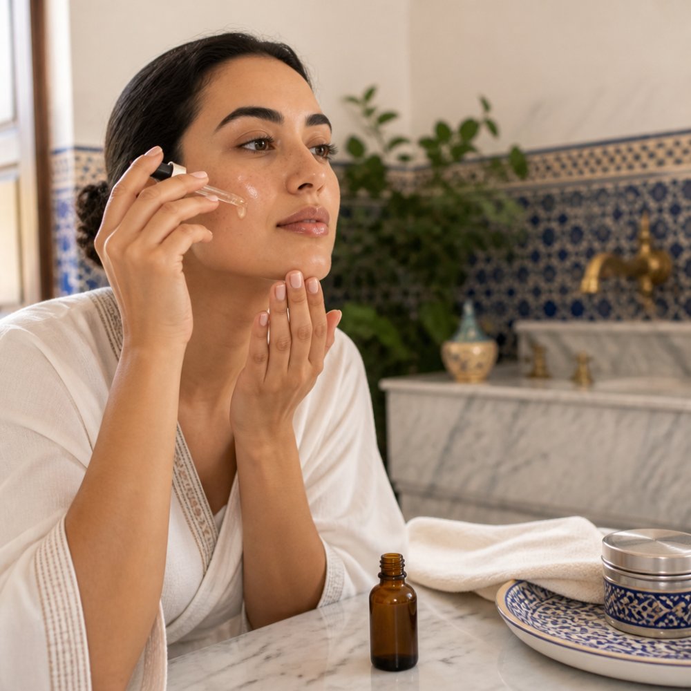Close-up of a woman's hands applying a few drops of golden argan oil to her cheek, with a small amber glass dropper bottle on a marble bathroom counter beside her