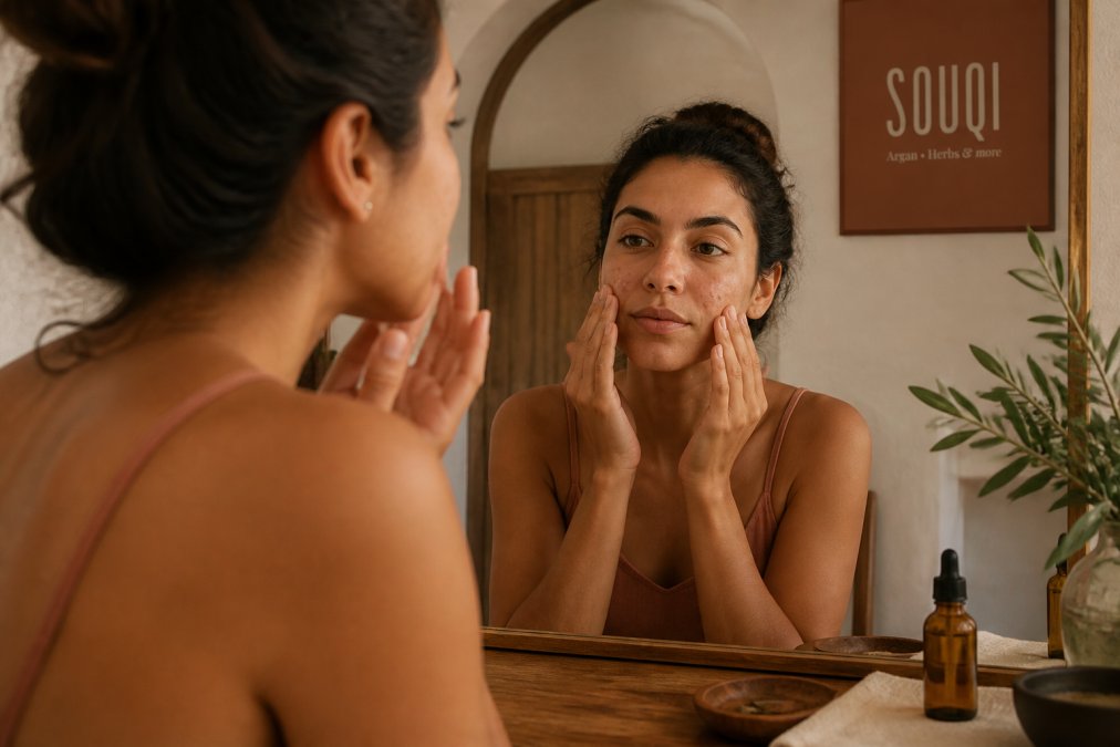Vrouw brengt arganolie aan op haar gezicht, wat helpt bij de vraag: is arganolie geschikt voor acne huid?