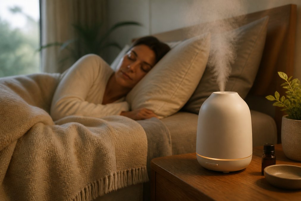 Person relaxing in a peaceful bedroom with soft natural light, an ultrasonic diffuser running on a wooden nightstand, cool mist visible in the air