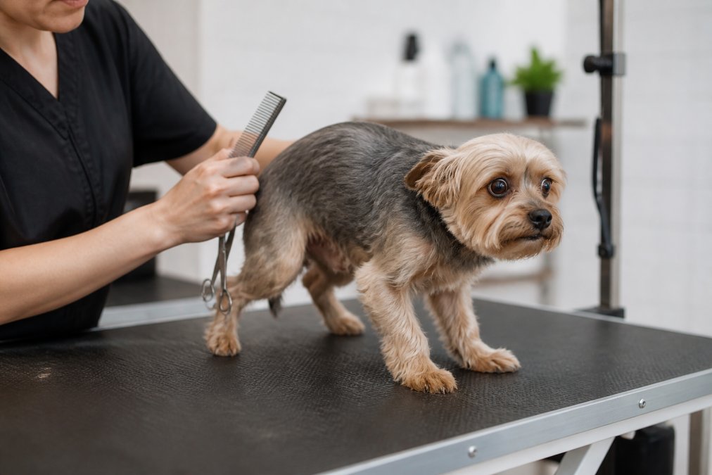 A dog showing tension in its posture and facial expression during a grooming session, ears pinned back and body rigid, with a groomer's hands visible holding grooming tools in soft studio lighting