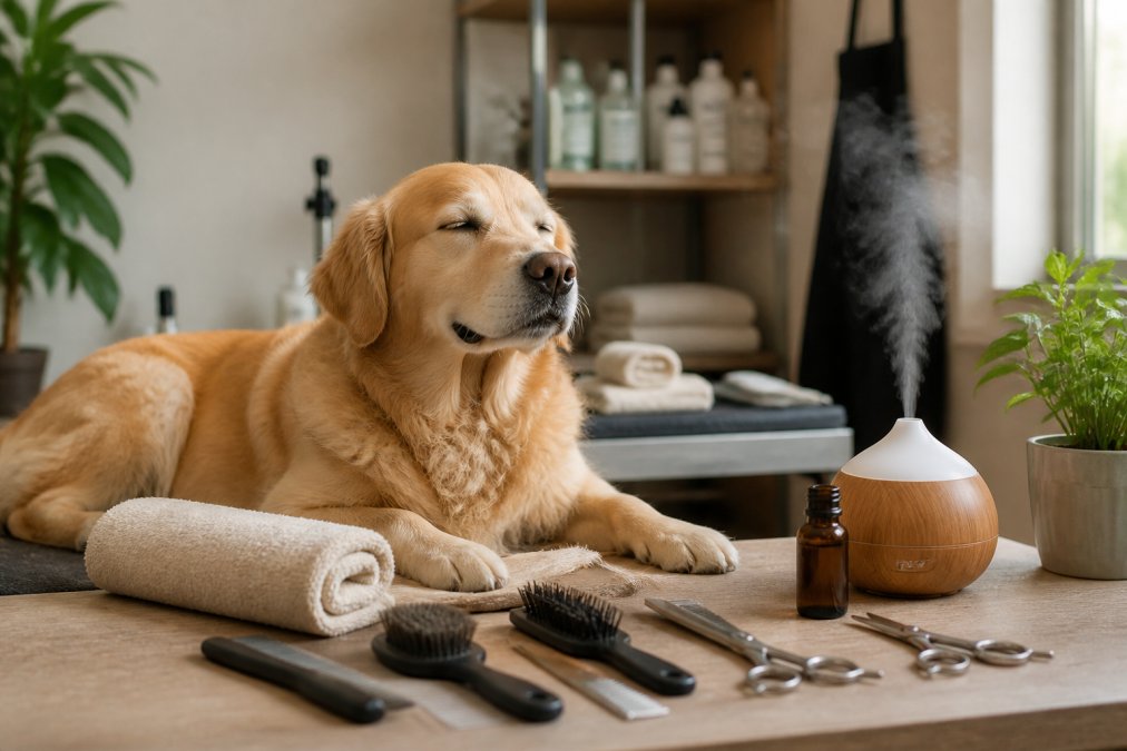 A calm dog relaxing near a diffuser in a grooming space with soft natural lighting, grooming tools arranged on a nearby table, and the dog's body language showing relaxation