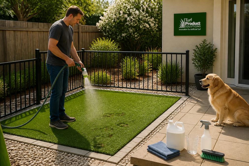 A homeowner in casual clothes using a hose-end sprayer to apply enzyme cleaner on a small artificial grass dog run in a sunny backyard, with a golden retriever watching from the patio