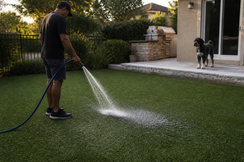 Person using a garden hose to rinse dog urine from artificial turf while a pet watches from the patio nearby.