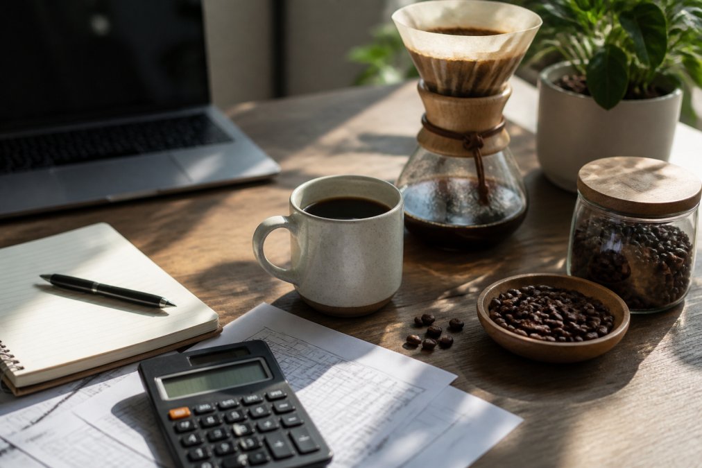 A morning workspace with pour-over coffee setup, freshly brewed artisan coffee in a ceramic mug showing rich brown color, fresh beans visible nearby, and a laptop in soft natural morning light