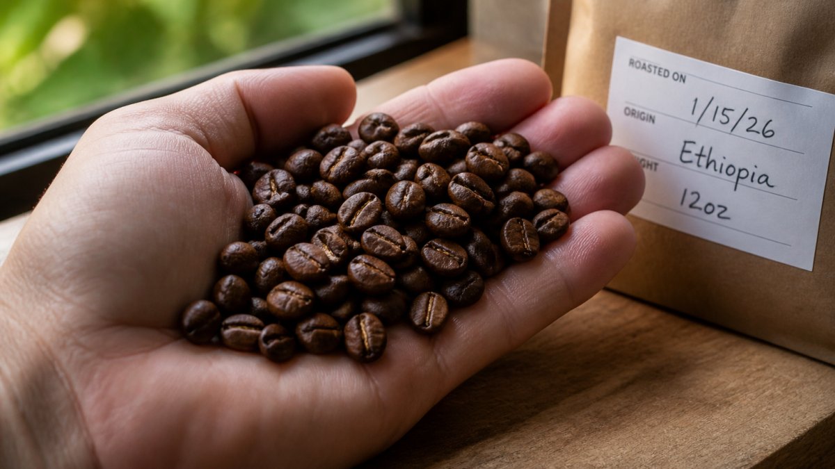 Close-up of freshly roasted coffee beans in a hand showing rich mahogany color and texture, with a roasting date label visible on a coffee bag in the background, natural window light