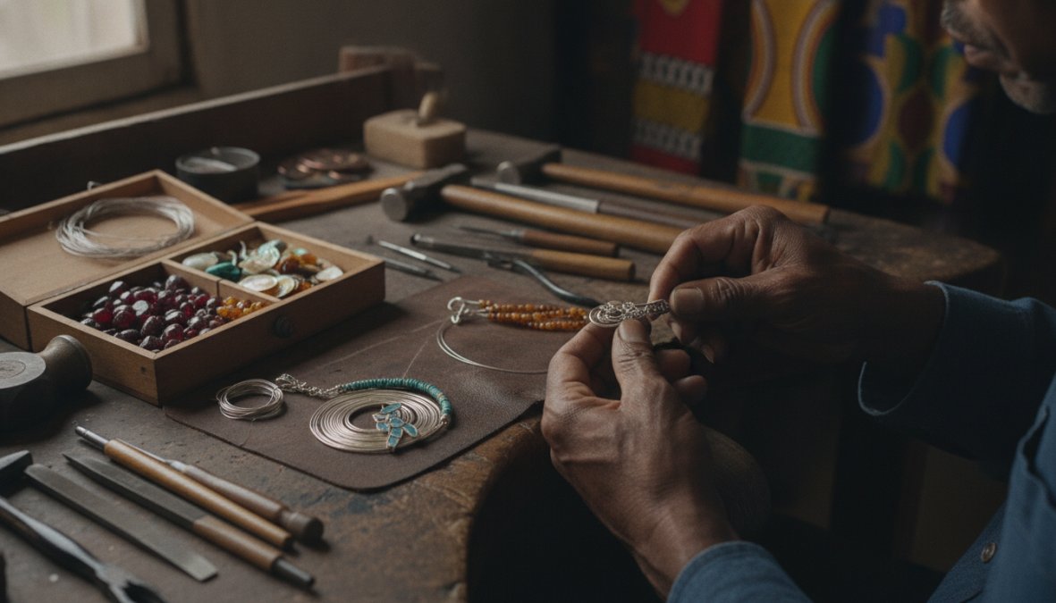 Close-up of skilled artisan's hands working on jewelry piece at workbench with tools, precious metals, and gemstones visible under warm lighting