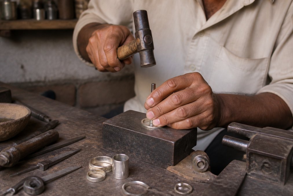 Close-up of skilled artisan hands working at a jewellery bench, shaping sterling silver with traditional metalworking tools and hammers, natural workshop lighting