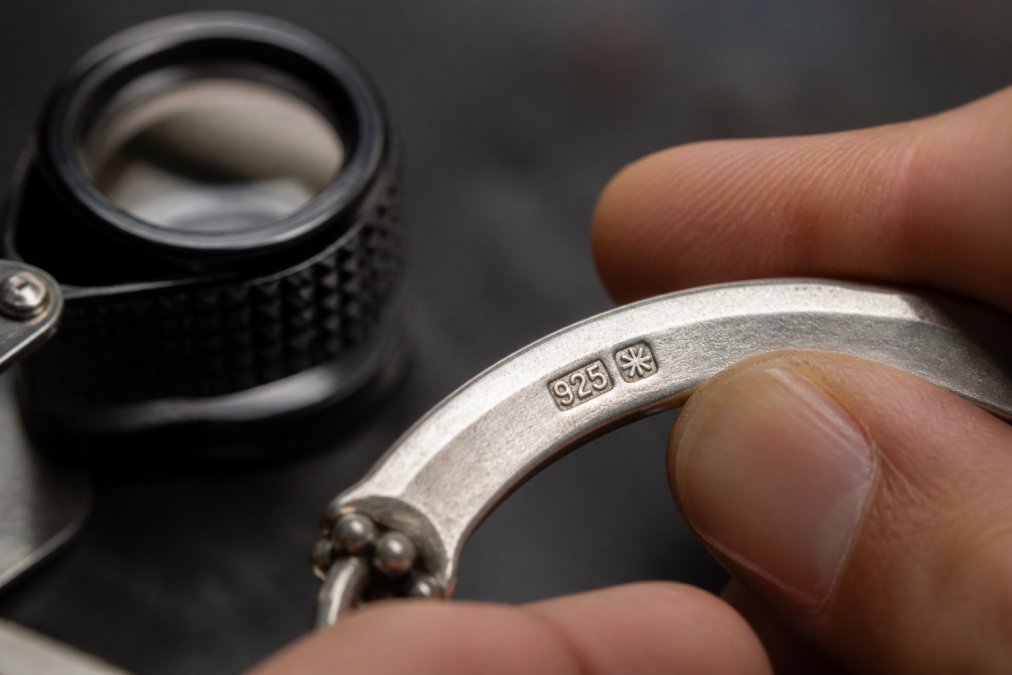 Close-up macro photograph of a hallmark stamp on silver jewellery showing 925 fineness mark and maker's mark, held at angle to natural light, with jeweller's loupe nearby