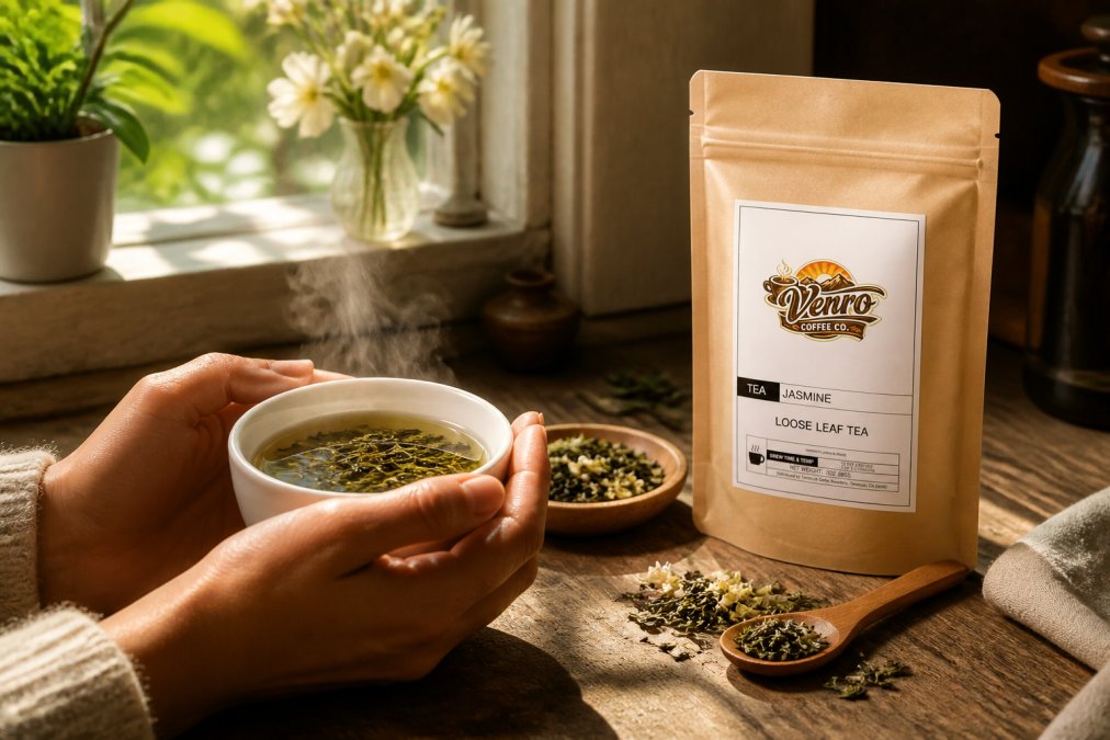 Steaming cup of artisan loose leaf tea with visible tea leaves and aromatic steam rising, hands gently holding the white ceramic cup in natural morning light by a window