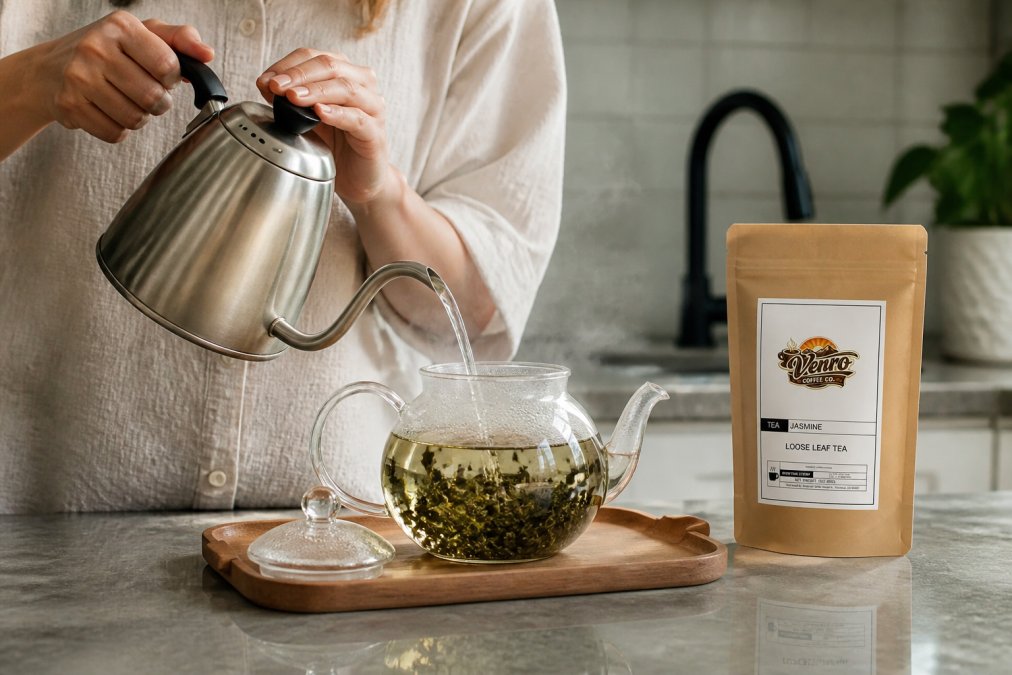 Hands carefully pouring hot water from a gooseneck kettle into a glass teapot containing loose leaf tea, steam rising gently, showing precise brewing technique with natural kitchen lighting