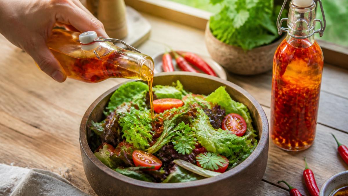 Close-up of a hand drizzling artisanal chilli vinegar over a fresh salad with vibrant mixed leaves, cherry tomatoes, and herbs in natural daylight, with a glass bottle of vinegar visible beside the wooden bowl