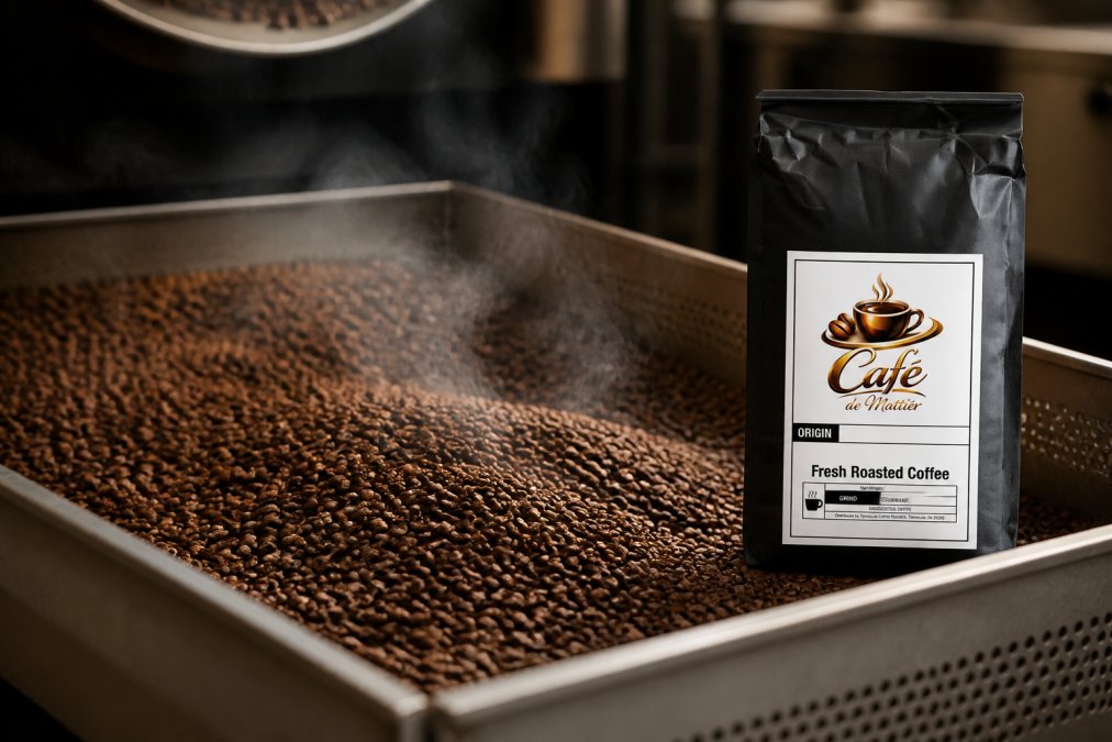 Freshly roasted coffee beans cooling on a metal tray with steam rising, showing rich brown color and texture variation from small-batch roasting