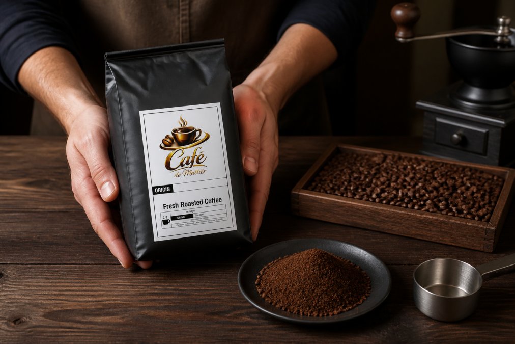Hands holding a coffee bag displaying roast date label, tasting notes, and origin details, with whole beans and ground coffee samples on a wooden surface