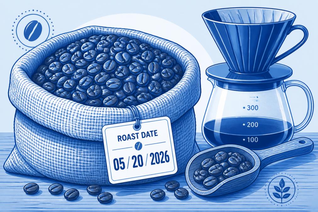 Close-up of freshly roasted artisanal coffee beans in a burlap bag with visible roast date label, showing rich mahogany color and varied bean density, with a pour-over dripper and wooden cupping spoon arranged nearby on a rustic wooden surface