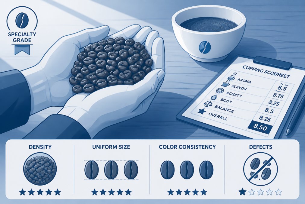 Hands holding a handful of specialty-grade coffee beans during quality inspection, with natural light highlighting bean density and uniform size, a white ceramic cupping bowl and scoring sheet visible in the background on a wooden table
