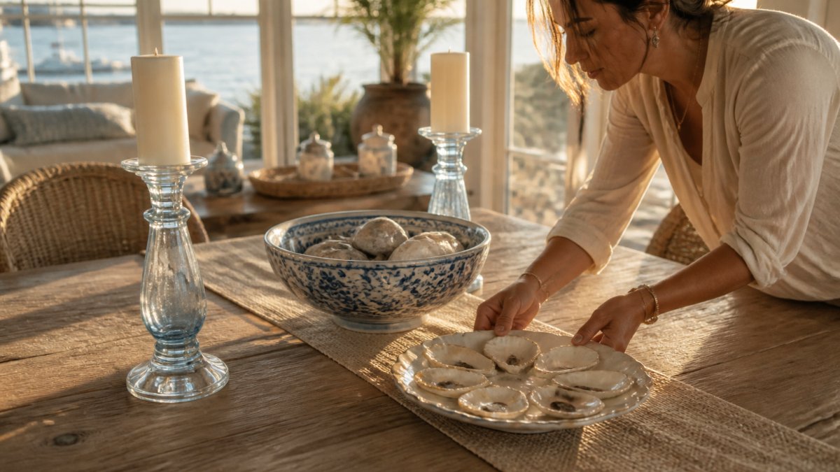 A styled dining table in a bright coastal home with a hand-painted oyster plate, a blue and white ceramic bowl, and hand-blown glass candlestick holders arranged as a centerpiece in natural window light