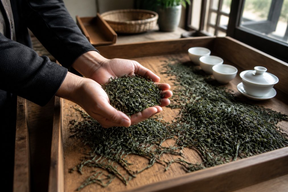 Close-up of a tea buyer's hands holding a handful of long, intact dried green tea leaves over a wooden sorting tray, loose leaves scattered beside a white ceramic cupping set, soft daylight from a nearby window