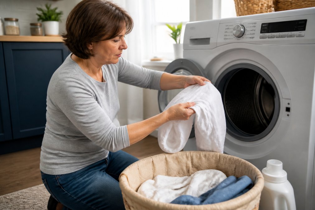 Person turning a piece of artist designed clothing inside out before washing it in a bright laundry room