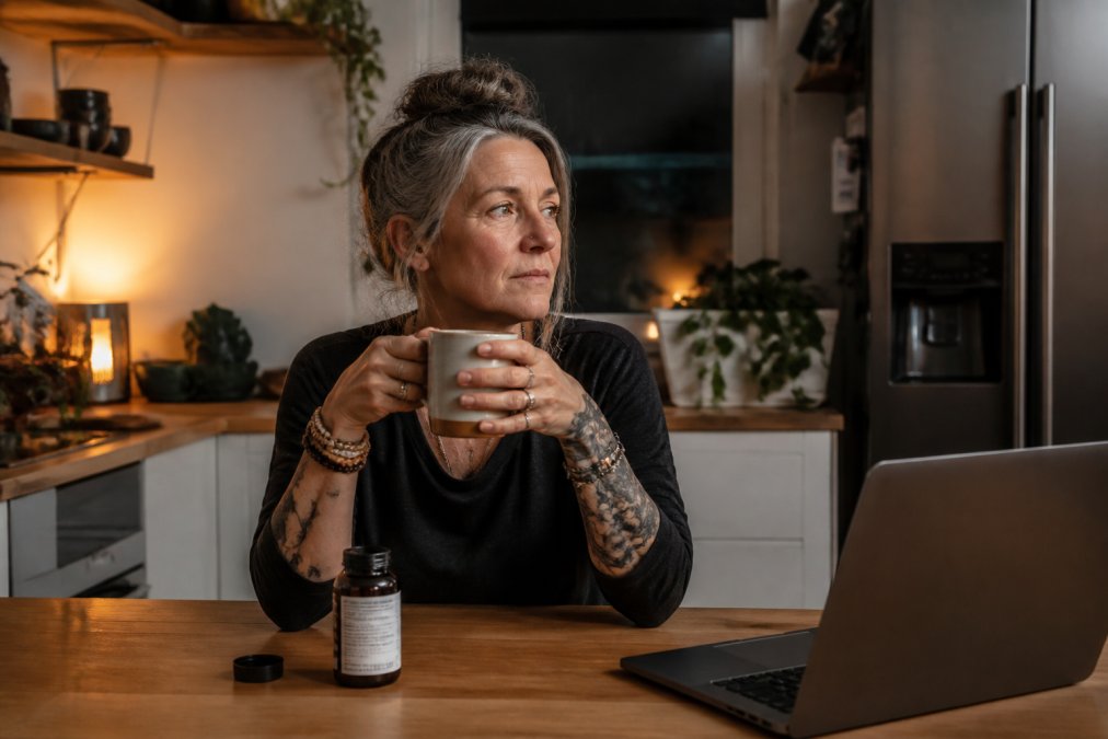 Woman in her 40s drinking tea at home while considering if ashwagandha is worth it for perimenopause stress