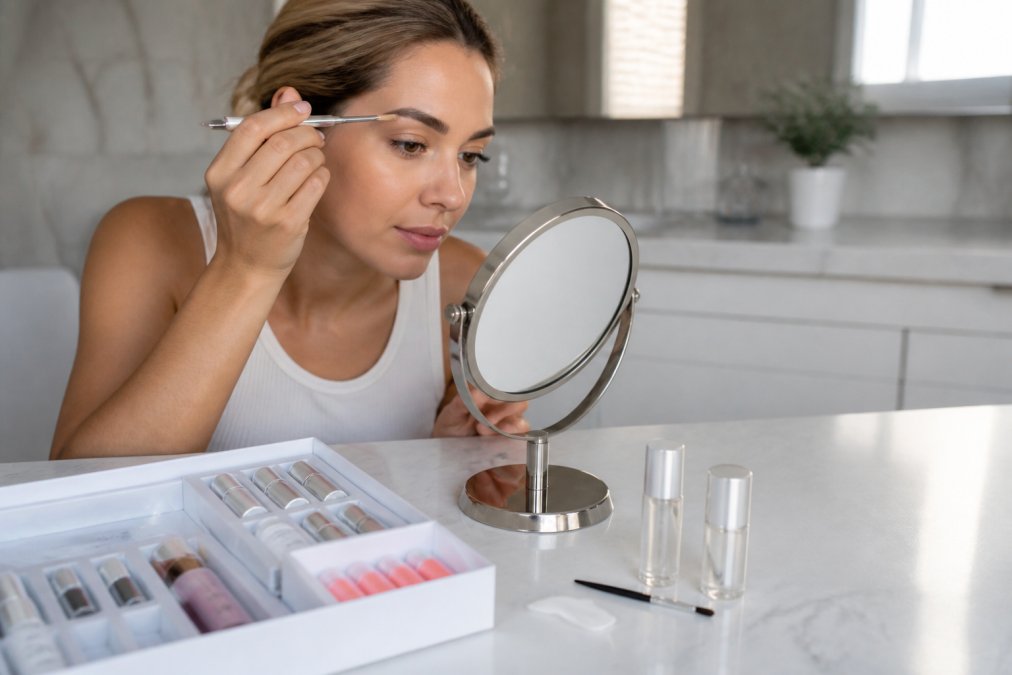 A woman's hand applying lifting solution to her brow with a small brush, mirror and open kit visible on a clean bathroom counter, bright natural lighting