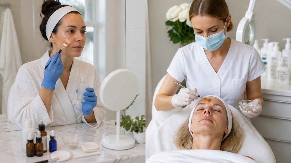 Person wearing gloves applying an at-home chemical peel solution in a bright, modern bathroom setting.