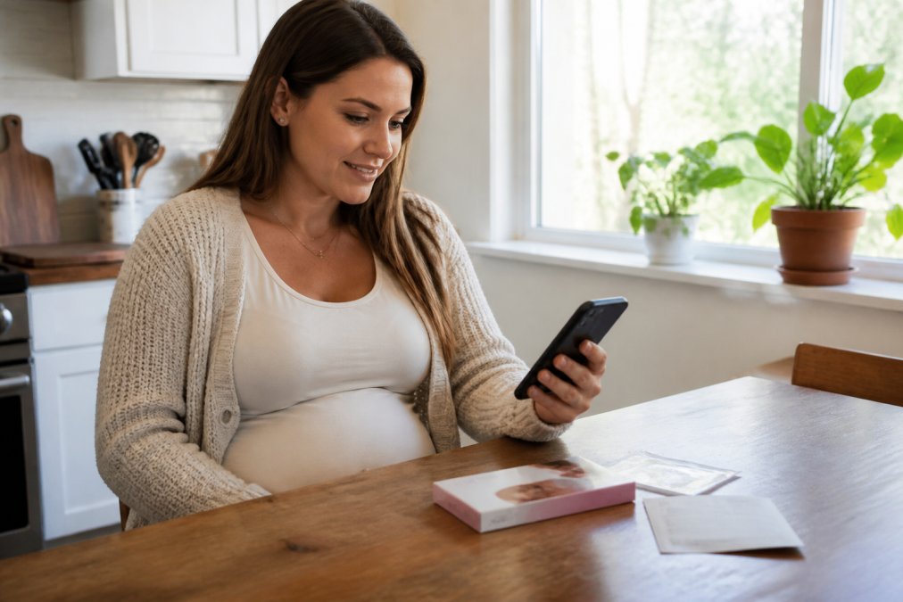 A pregnant woman sitting at a kitchen table, looking at a smartphone with a lab portal open, a small test kit box and instructions nearby, soft natural light through a window