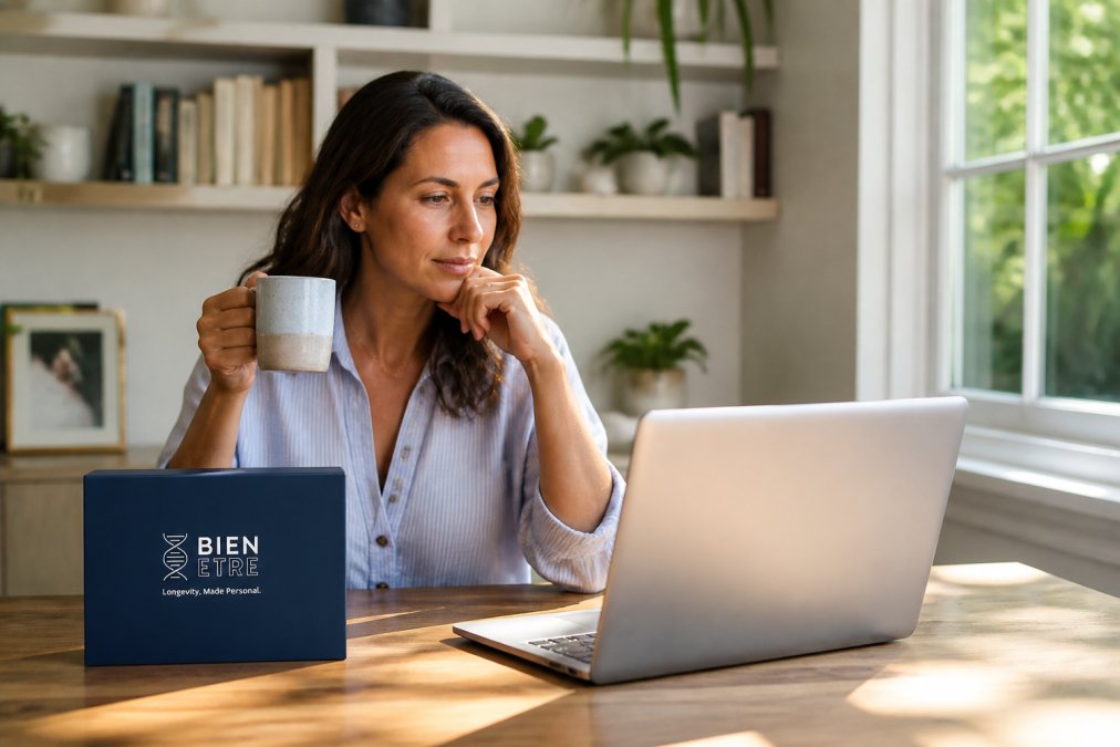 Person reviewing a detailed health report on a laptop at home, sitting at a desk with natural daylight streaming through a window, holding a cup of tea, with a thoughtful expression
