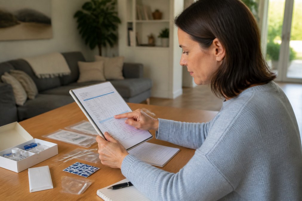 Person reviewing a detailed health report on a tablet at home, pointing to NAD test results with a thoughtful expression, natural window lighting