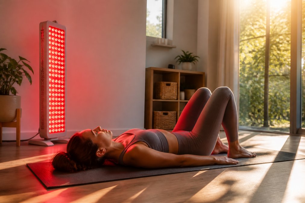 A woman in athletic wear lying on a mat in a bright home wellness room, a large red light panel glowing softly behind her while late afternoon sun comes through a window