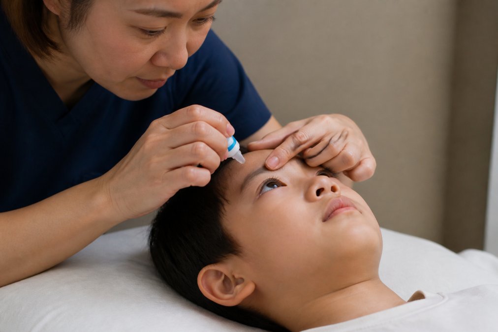 Close-up of a pediatric eye care professional carefully instilling a low-dose atropine drop into a child's eye during an evening application, with soft clinical lighting