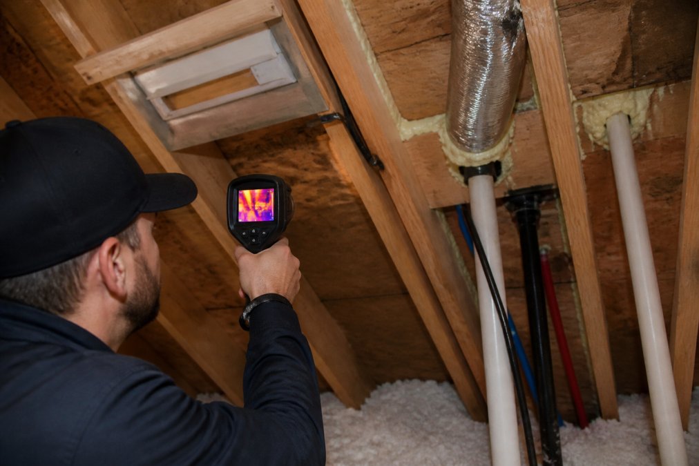 HVAC technician holding a thermal imaging camera pointed at an attic hatch and ceiling penetrations, showing heat signatures of air leaks in an attic space with wooden framing visible