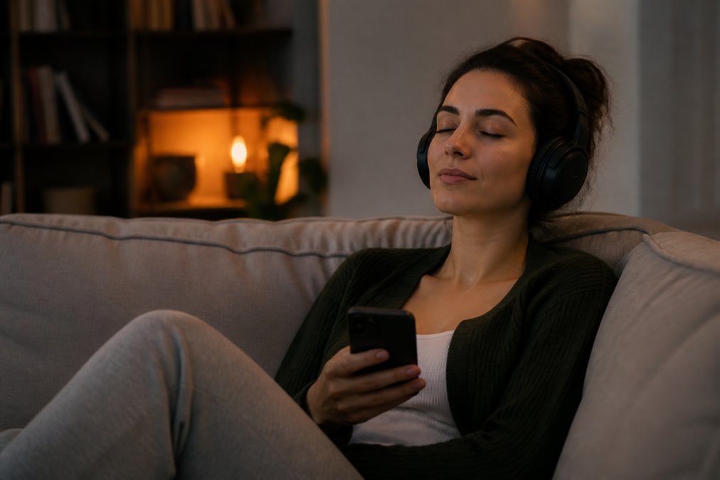 A woman in her late 20s relaxing on a sofa in a dimly lit living room, wearing wireless headphones and holding a smartphone, eyes closed with a calm expression