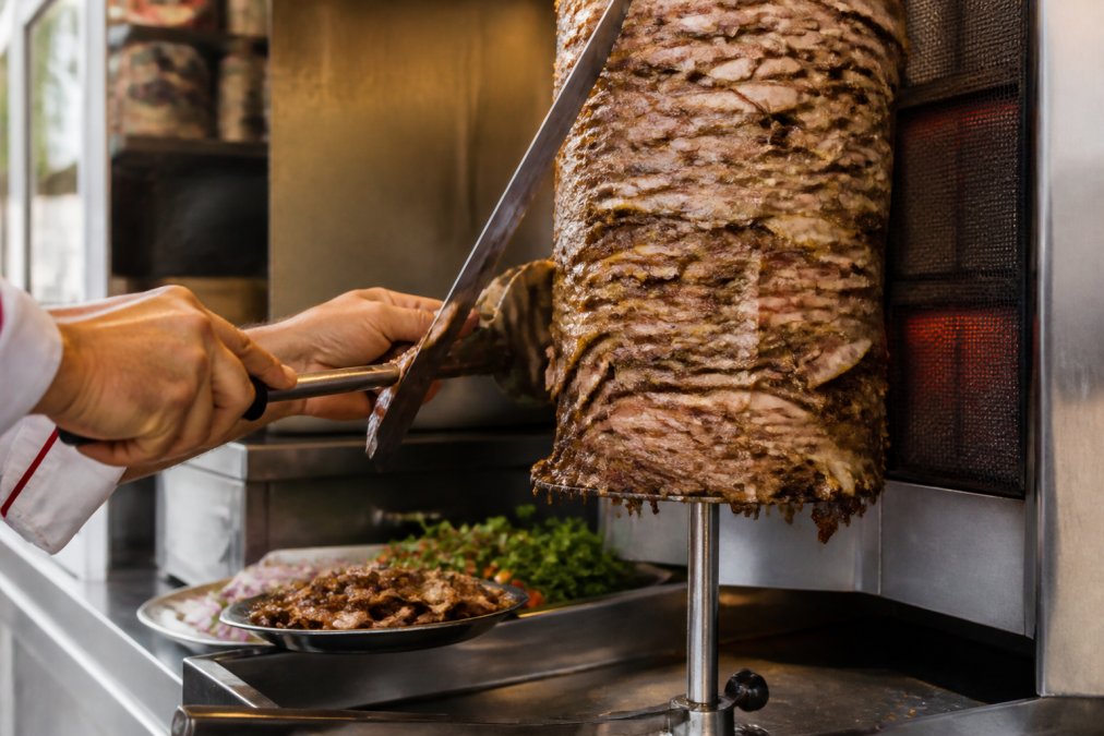 Close-up of freshly prepared lamb gyro meat stacked on a vertical rotisserie with visible charred exterior, aromatic herbs scattered nearby, and a chef's hands shaving thin slices onto a plate