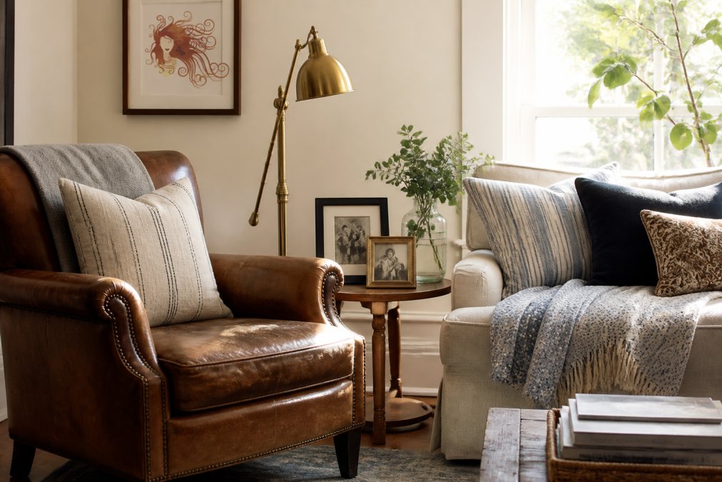 Diagram illustrating the elements of authentic interior design using a sunlit living room scene.