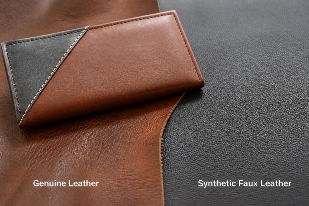 Close-up comparison showing the natural grain patterns and texture of genuine full-grain leather next to synthetic faux leather material, with natural light highlighting the rich patina and surface variations of real leather