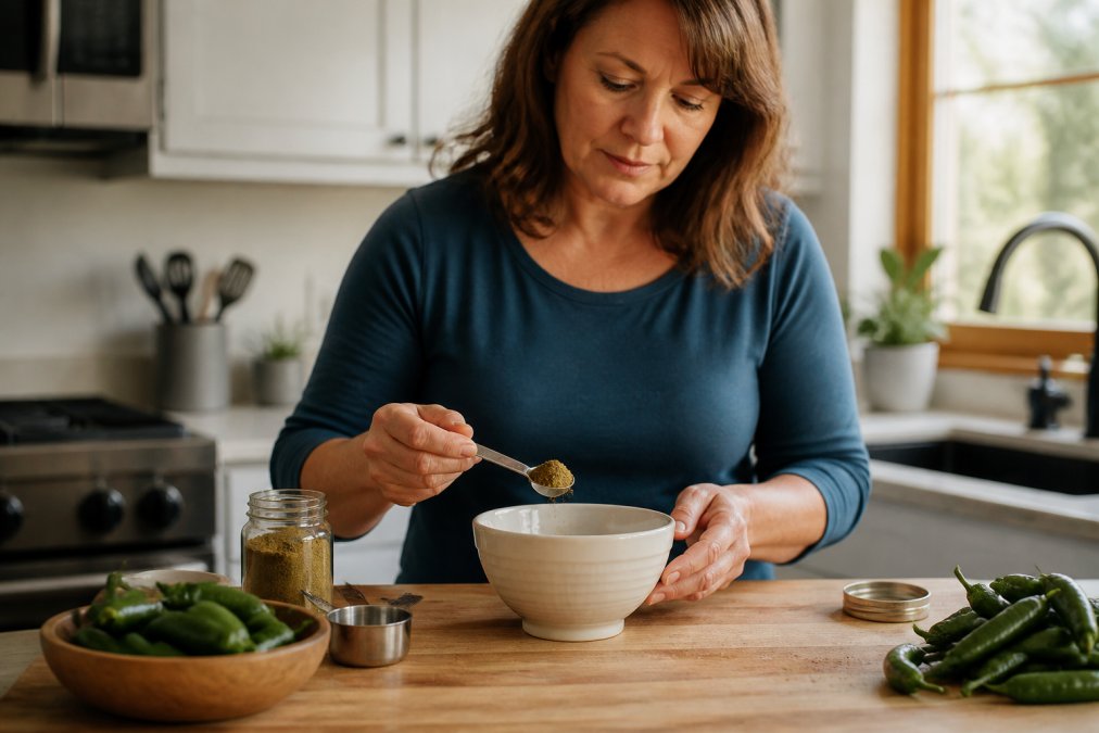 A home cook in a bright kitchen measuring a small spoonful of green chile powder into a bowl, with a jar of spice and fresh chiles on the counter nearby