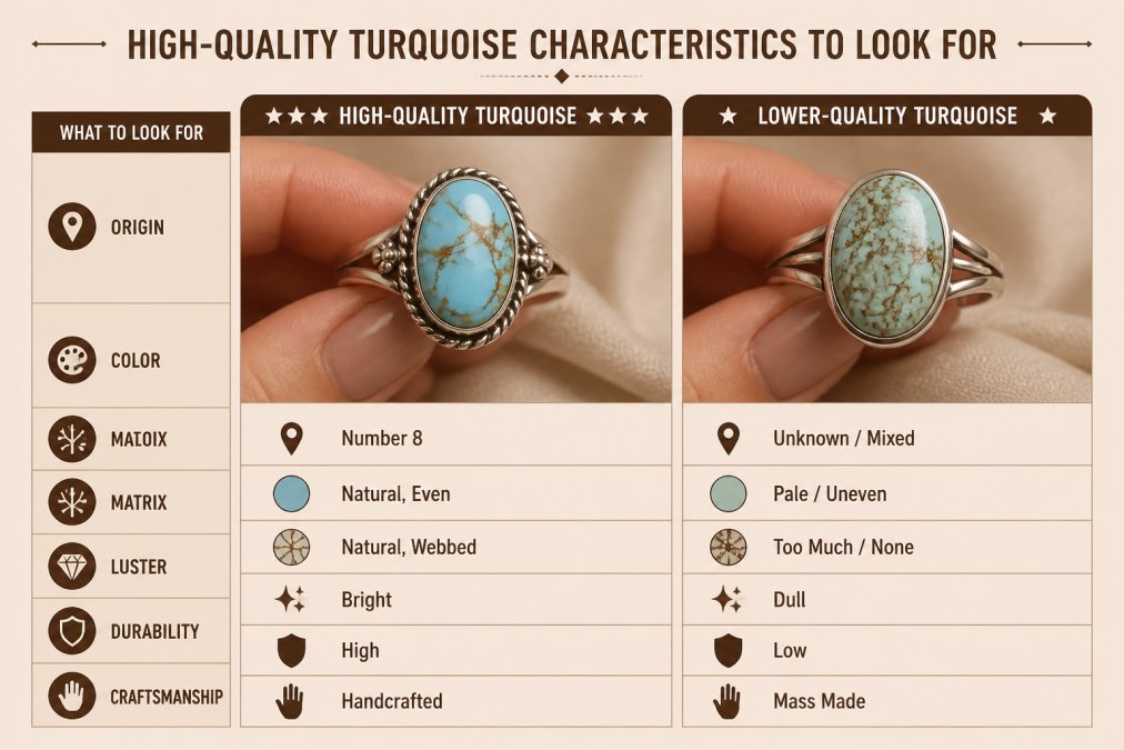 Close-up of a handcrafted sterling silver ring with a sky-blue Number 8 turquoise cabochon showing natural golden-brown matrix, held in a woman's hand against soft neutral fabric