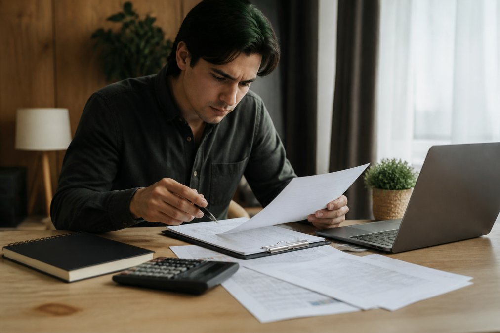 A young professional reviewing financial documents and loan paperwork at a desk with a laptop, calculator, and notebook visible