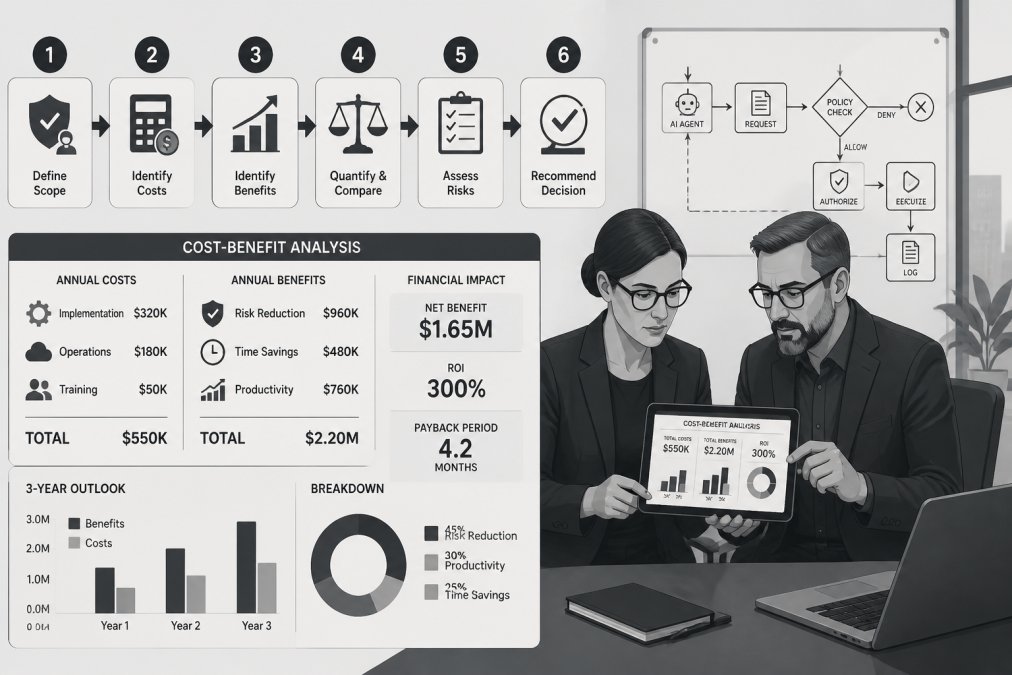 Security architect and CTO reviewing a cost-benefit analysis flowchart for AI agent authorization on a tablet.