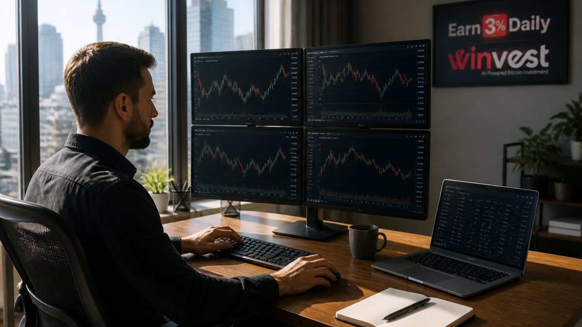 Professional trader monitoring multiple cryptocurrency price charts and real-time trading data on computer screens in a focused workspace with natural lighting