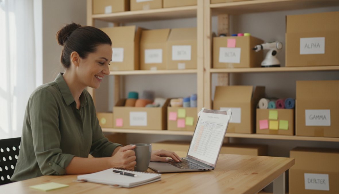 Small business owner sitting at a clean wooden desk, smiling while reviewing inventory data on a laptop screen, with neatly organized product boxes on shelves behind them in a bright, naturally lit home office