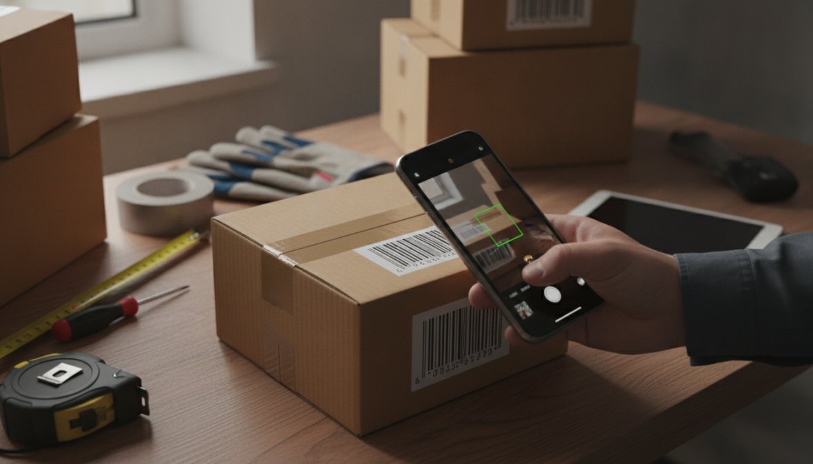 Close-up of hands using a smartphone to scan a barcode on a product box, with a laptop open to an inventory dashboard visible slightly out of focus in the background, warm office lighting