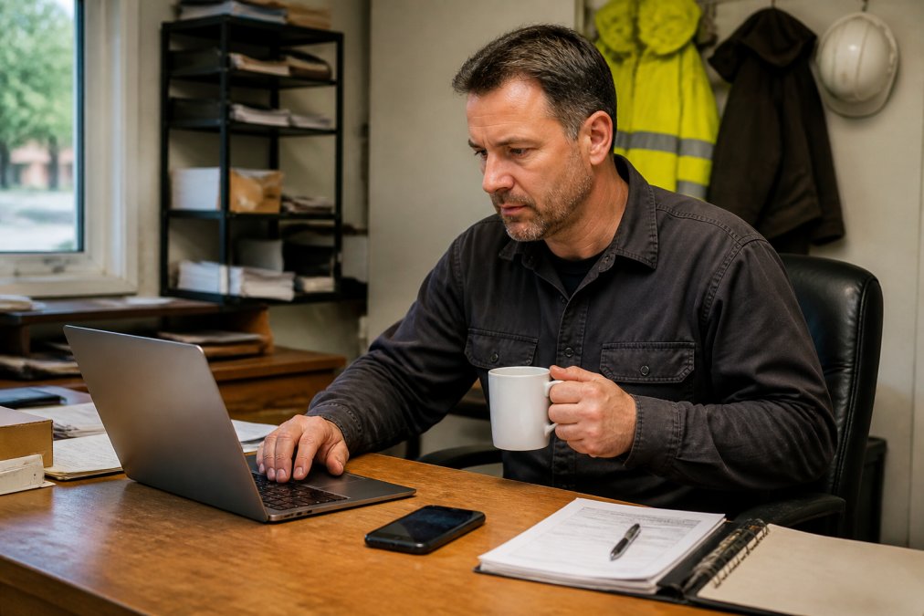 A trades business owner in a small office reviewing incoming job requests on a laptop while a phone sits on the desk beside a coffee mug and paper work order