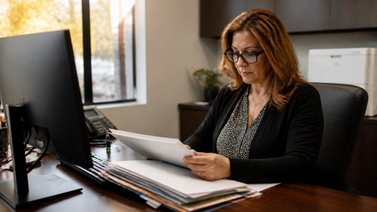 Practice manager reviewing organized patient intake information displayed on computer screen, with intake forms and clinical files visible in modern office setting with natural window lighting