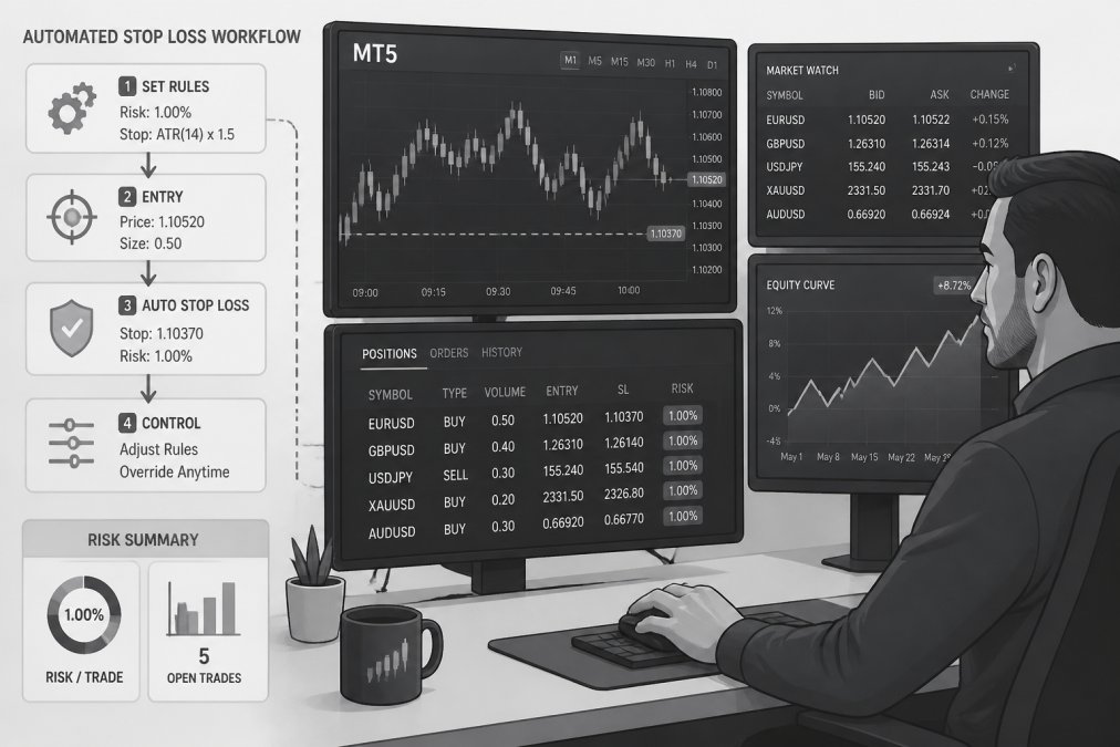 Professional trader monitoring multiple screens with MT5 platform open, hand positioned on mouse ready to execute trades, focused expression in home office setup with dark monitors showing real-time charts and price data