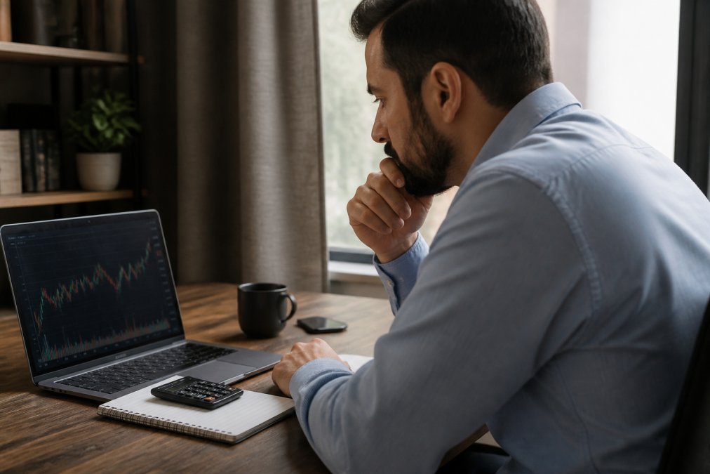 Professional trader reviewing performance data on laptop with notepad and calculator nearby, analyzing trading results in modern workspace with financial charts visible on screen