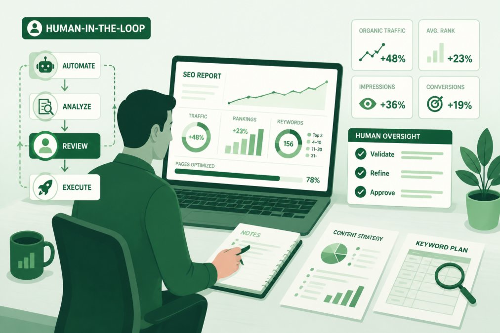 Marketer reviewing and editing AI-generated SEO content on a laptop, with strategy documents and keyword research notes spread across a desk, showing the human oversight stage of automated workflows